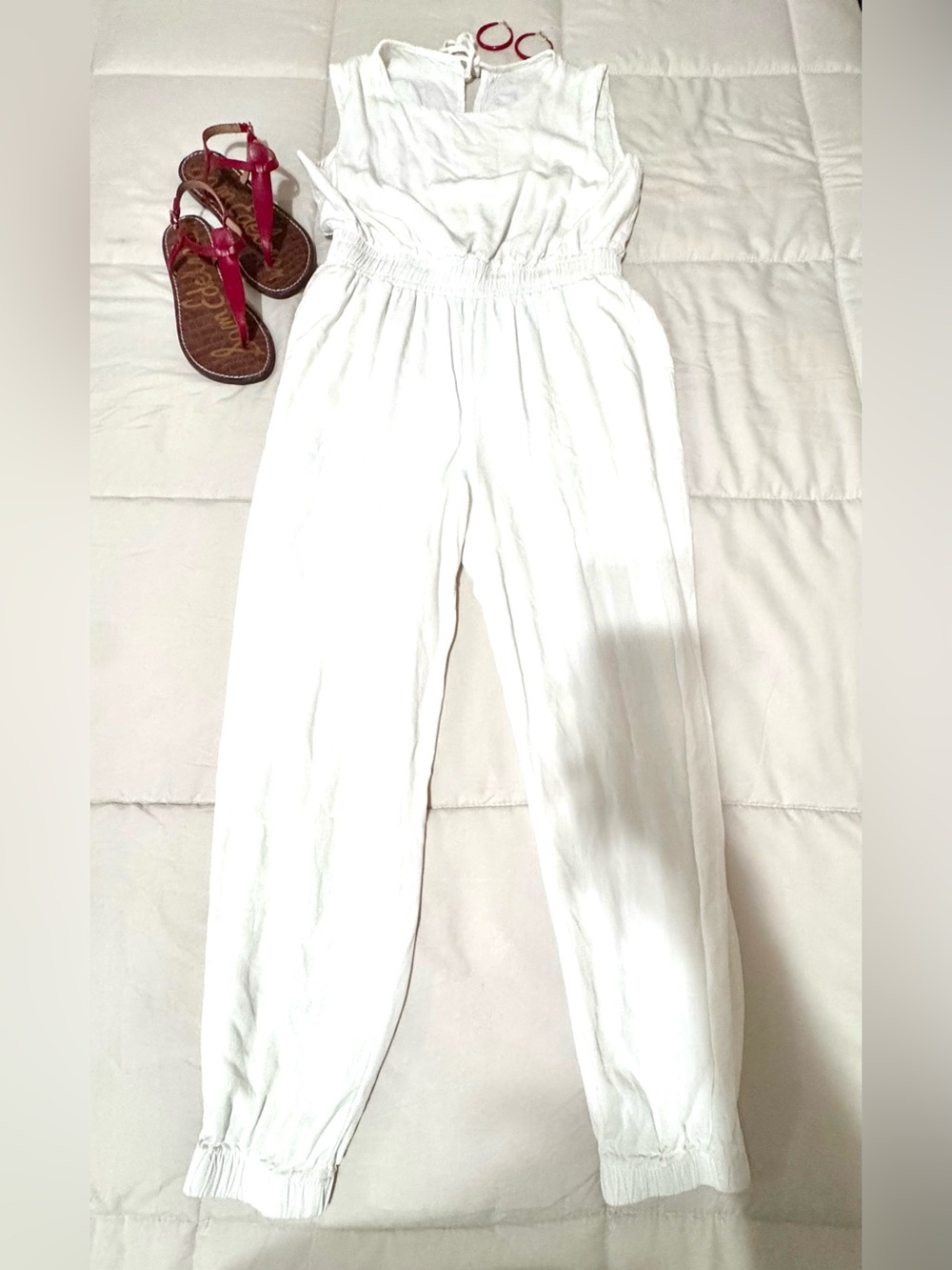 Women's White Sleeveless Elastic-Waist Jumpsuit
